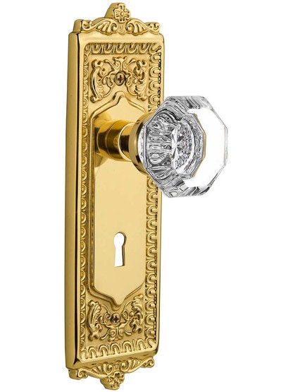 Egg and Dart Door Set with Waldorf-Crystal Glass Knobs and Keyhole - 2 3/8 in Polished Brass.